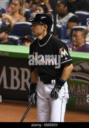 MIAMI, FL - JULY 30: Ichiro Suzuki, the baseball pioneer who proved 15 years ago that Japanese hitters could succeed in Major League Baseball, reached a hallowed milestone Sunday when he became the 30th player to compile 3,000 hits on July 30, 2016 in Miami, Florida  People:  Ichiro Suzuki Stock Photo