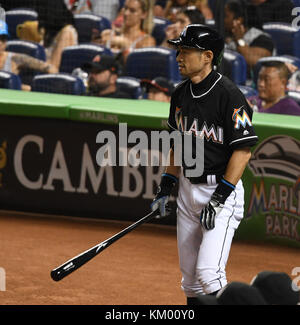 MIAMI, FL - JULY 30: Ichiro Suzuki, the baseball pioneer who proved 15 years ago that Japanese hitters could succeed in Major League Baseball, reached a hallowed milestone Sunday when he became the 30th player to compile 3,000 hits on July 30, 2016 in Miami, Florida  People:  Ichiro Suzuki Stock Photo