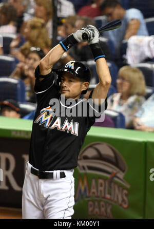 MIAMI, FL - JULY 30: Ichiro Suzuki, the baseball pioneer who proved 15 years ago that Japanese hitters could succeed in Major League Baseball, reached a hallowed milestone Sunday when he became the 30th player to compile 3,000 hits on July 30, 2016 in Miami, Florida  People:  Ichiro Suzuki Stock Photo