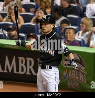 MIAMI, FL - JULY 30: Ichiro Suzuki, the baseball pioneer who proved 15 years ago that Japanese hitters could succeed in Major League Baseball, reached a hallowed milestone Sunday when he became the 30th player to compile 3,000 hits on July 30, 2016 in Miami, Florida  People:  Ichiro Suzuki Stock Photo