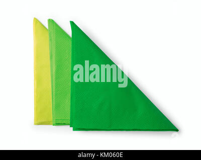 Three green folded paper napkins. Isolated on white, clipping path included Stock Photo