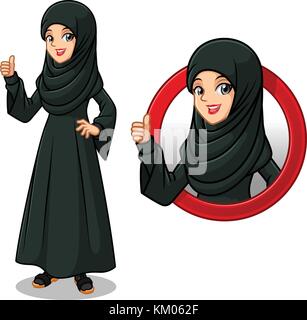 Set of Arab businesswoman in black dress cartoon character design, inside the circle logo concept with showing like, ok, good job, satisfied gesture. Stock Vector