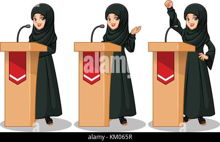 Set of Arab businesswoman in black dress giving a speech behind rostrum. Stock Vector