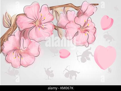 Background for Valentines Day with hearts and cupids Stock Vector