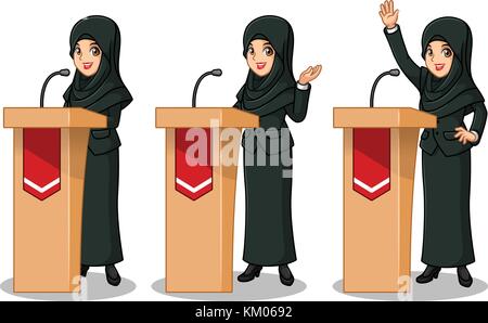 Set of businesswoman in black suit with veil giving a speech behind rostrum. Stock Vector