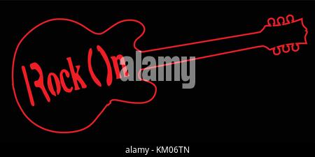 Red neon style guitar outline on black with Rock On red neon text Stock Vector