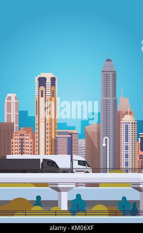 Track Trailers Transportation On Highway Over City Background Cargo Delivery Concept Stock Vector