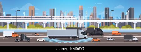 Modern Highway Road With Cars, Lorry And Cargo Trucks Over City Background Traffic Concept Stock Vector
