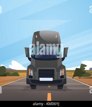 Front View Of Cargo Truck Trailer Driving On Coutryside Road Over Blue Sky Landscape Stock Vector