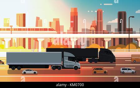Large Semi Truck With Trailers Highway Road With Cars And Lorry Over City Landscape Shipment And Delivery Concept Stock Vector