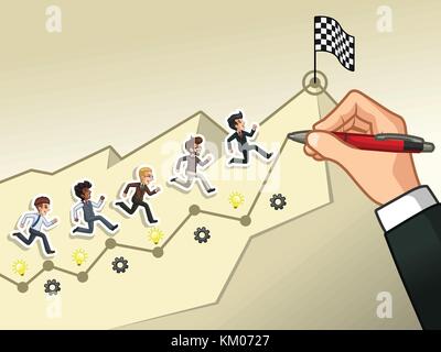Hand drawing a line leading to the goal, running towards the goal businessman concept, against cream background. Stock Vector