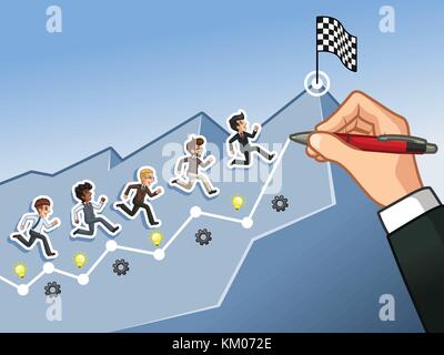 Hand drawing a line leading to the goal, running towards the goal businessman concept, against blue background. Stock Vector