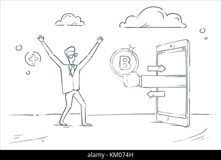 Man Getting Bitcoin From Smart Phone Crypto Currency Banner Digital Web Money Concept Stock Vector