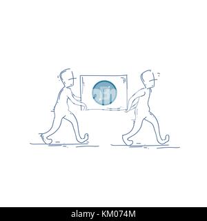 Two Man Carry Bitcoin Crypto Currency Banner Digital Web Money Concept Stock Vector