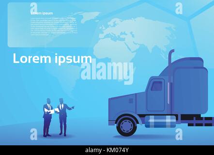 World Delivery Concept Two Business Men Looking at Documents And Map Standing At Big Semi Truck Trailer Vehicle Cargo Shipping Stock Vector