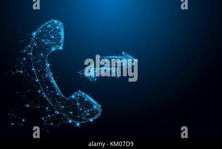 Abstract phone icon from lines and triangles, point connecting network on blue background. Illustration vector Stock Vector