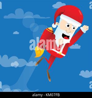 Santa Claus flying up with a rocket engine. Vector cartoon character illustration. Stock Vector