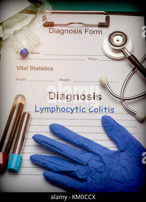 Diagnostic form, Lymphocytic Colitis, Vial of blood samples and Medicine in a hospital, conceptual image Stock Photo