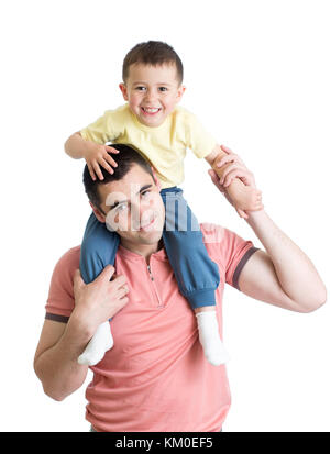 The little boy sits on shoulders at the father isolated on white Stock Photo