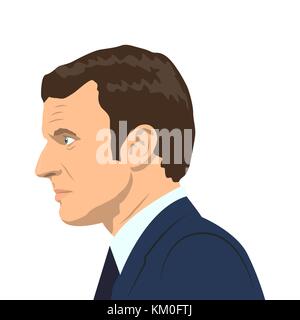 02.12.2017 Editorial illustration of the President of the French Republic Emmanuel Macron on white background. Stock Vector