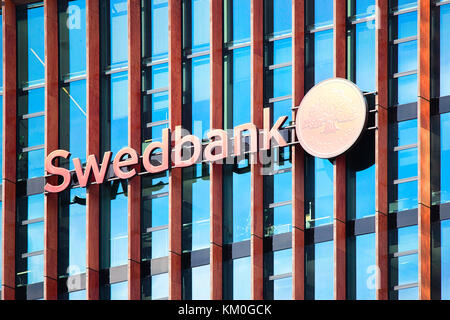 Vilnius, Lithuania - May 6, 2017: Office of Swedbank in modern skyscraper in downtown, Vilnius, Lithuania Stock Photo