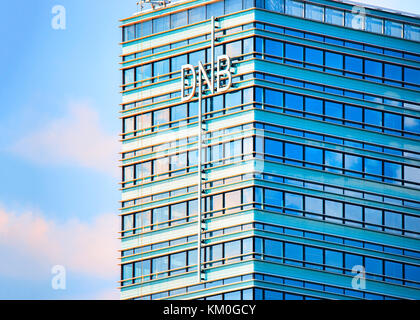 Vilnius, Lithuania - May 6, 2017: Office of DNB bank in modern skyscraper in downtown, Vilnius, Lithuania Stock Photo