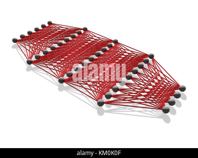 Deep artificial neural network structure with red links between layers, model isolated on white, 3d illustration Stock Photo