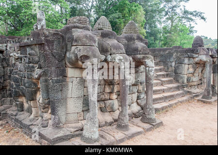 Terrace of the Elephants is a part of the ancient Khmer city Angkor Thom in Siem Reap, Cambodia constructed by Khmer ruler Jayavarman VII. Stock Photo