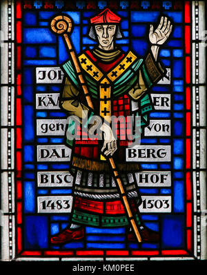 Stained Glass in Wormser Dom in Worms, Germany, depicting Johann von Dalberg (1445–1503), Prince-Bishop of Worms from 1483 to 1503.