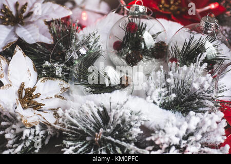 Christmas decor. Christmas or New Year background: Christmas flowers poinsettia, Christmas tree, tree branches and garland