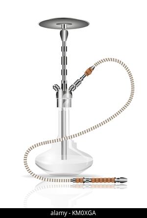 Hookah vector, realistic illustration. White glass oriental smoking attribute detailed with a mirror reflection isolated on white Stock Vector