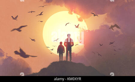 silhouette of father and son standing on the mountain looking at the sun rising in the sky, digital art style, illustration painting Stock Photo