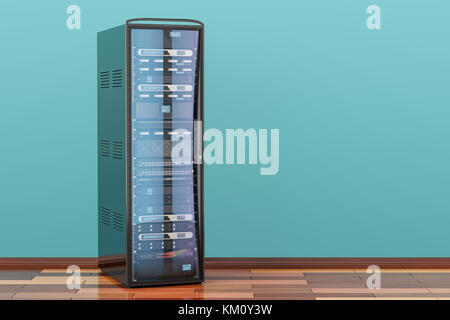 Computer Server Rack in room on the wooden floor, 3D rendering Stock Photo