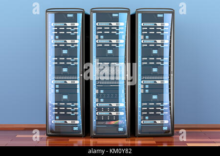 Set of Computer Server Racks in room on the wooden floor, 3D rendering Stock Photo