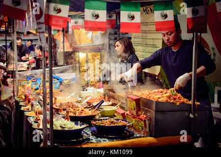 Mexican street food stall in Camden Market. London. Landscape format. Stock Photo