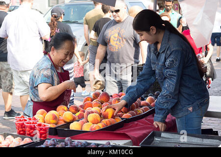 Seattle, Washington, USA - September 4th, 2017: An asian woman are choosing and selling peaches at Farmers Market in Pike Market at Seattle port, Wash Stock Photo