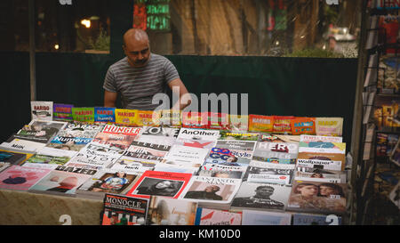 Newsstand in Spitalfields Market in London (UK). July 2017. Landscape format. Stock Photo