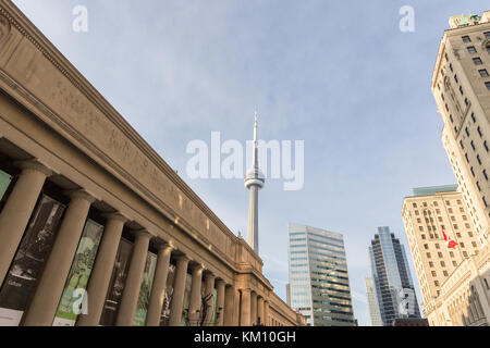 TORONTO, CANADA - DECEMBER 20,2016: View of the Canadian National Tower (CN Tower) seen from Union Station in Toronto, Ontario. These two buildings ar Stock Photo