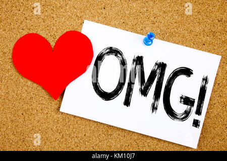 Conceptual hand writing text caption inspiration showing OMG Oh My God concept for Surprise Humor and Love written on sticky note, reminder cork backg Stock Photo