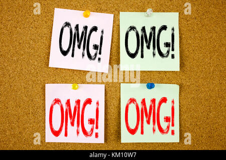 Conceptual hand writing text caption inspiration showing OMG Oh My God Business concept for Surprise Humor on colourful Sticky Note close-up Stock Photo