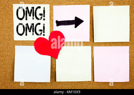 Conceptual hand writing text caption inspiration showing OMG Oh My God concept for Surprise Humor and Love written on wooden background, reminder back Stock Photo