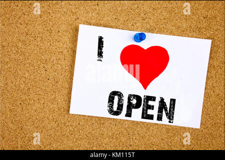 Hand writing text caption inspiration showing I Love Open concept meaning shop Opening Loving written on sticky note, reminder isolated background wit Stock Photo