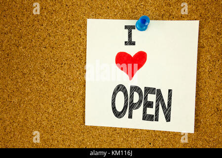 Hand writing text caption inspiration showing I Love Open concept meaning shop Opening Loving written on sticky note, reminder isolated background wit Stock Photo