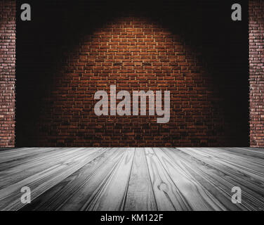 Brick wall and white floor, light spot on center for background Stock Photo