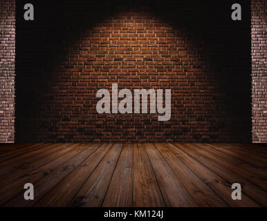 Brick wall and wood floor, light spot on center for background Stock Photo