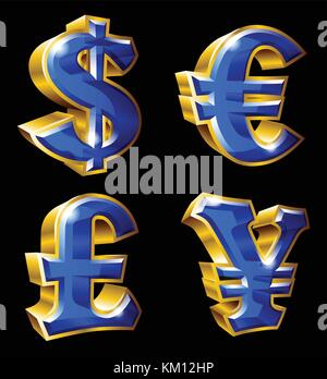 Vector main currency symbols in 3D style. Dollar, Euro, Pound  and Yen. Stock Vector