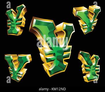 Vector gold set of Yen symbols in 3D style with different angles isolated on black background Stock Vector
