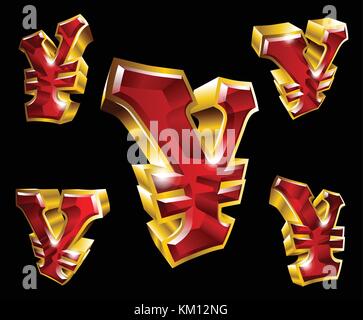 Vector gold set of Yen symbols in 3D style with different angles isolated on black background Stock Vector