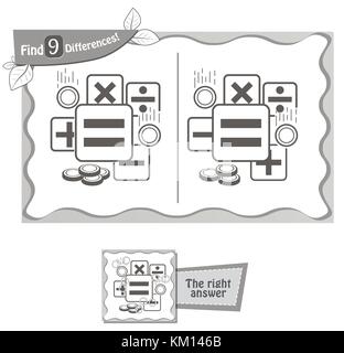 visual game for children and adults. Task to find 9 differences . black and white vector illustration Stock Vector