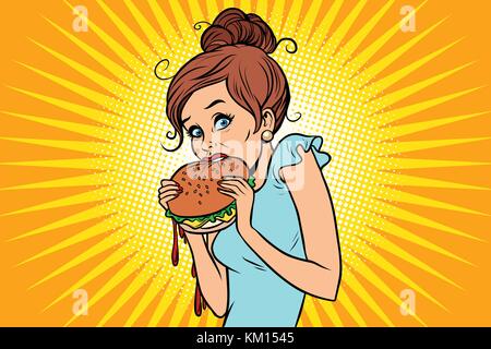 Overeating fast food. Woman secretly eating a Burger Stock Vector